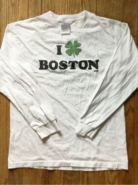 Delta White Long-Sleeve Tee with Green Clover and Black Boston Text